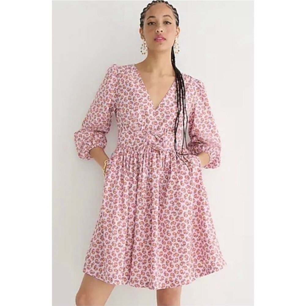 J. Crew V-Neck Cotton Poplin Mini Dress Size 8 Peony Paisley Floral Long Sleeve